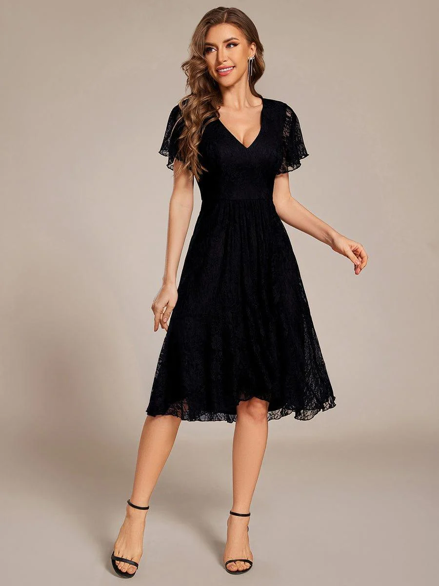 ever PALOMA|V-Neck Lace Lotus Leaf Ruffles Sleeve Midi Length Wedding Guest Dress - Image 3