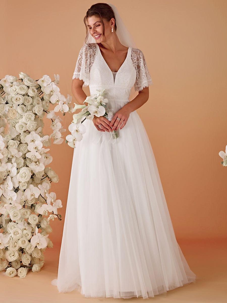 LUSARA'S BRIDE|V-Neck Lace Tulle Wedding Dresses with Ruffled Sleeves