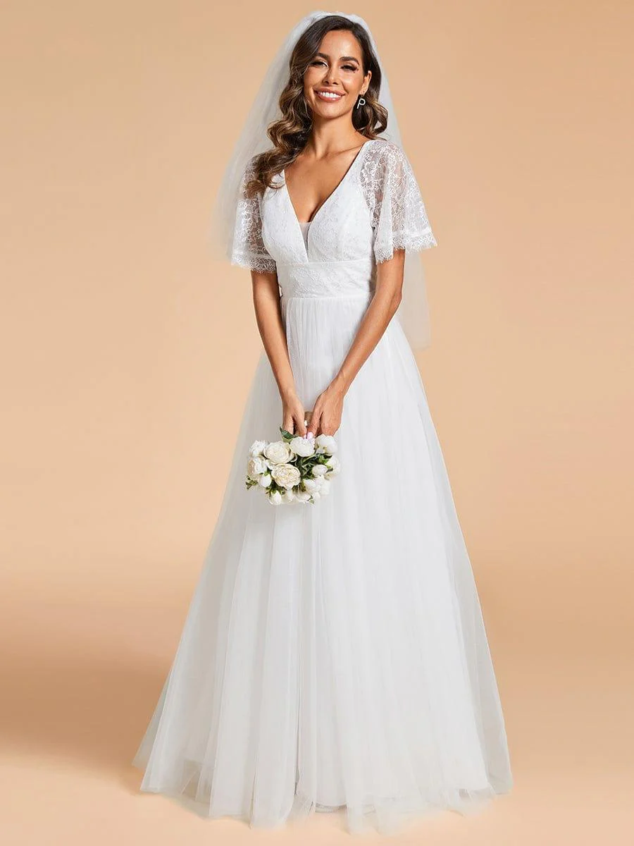 LUSARA'S BRIDE|V-Neck Lace Tulle Wedding Dresses with Ruffled Sleeves - Image 11