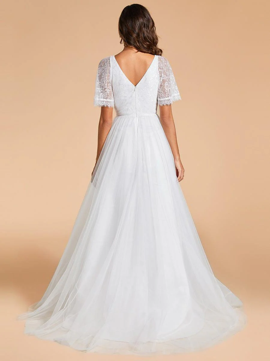 LUSARA'S BRIDE|V-Neck Lace Tulle Wedding Dresses with Ruffled Sleeves - Image 12