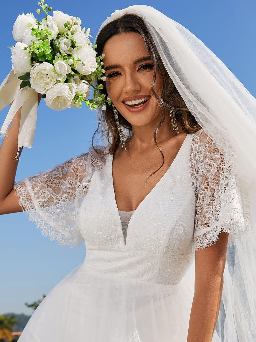 LUSARA'S BRIDE|V-Neck Lace Tulle Wedding Dresses with Ruffled Sleeves - Image 8