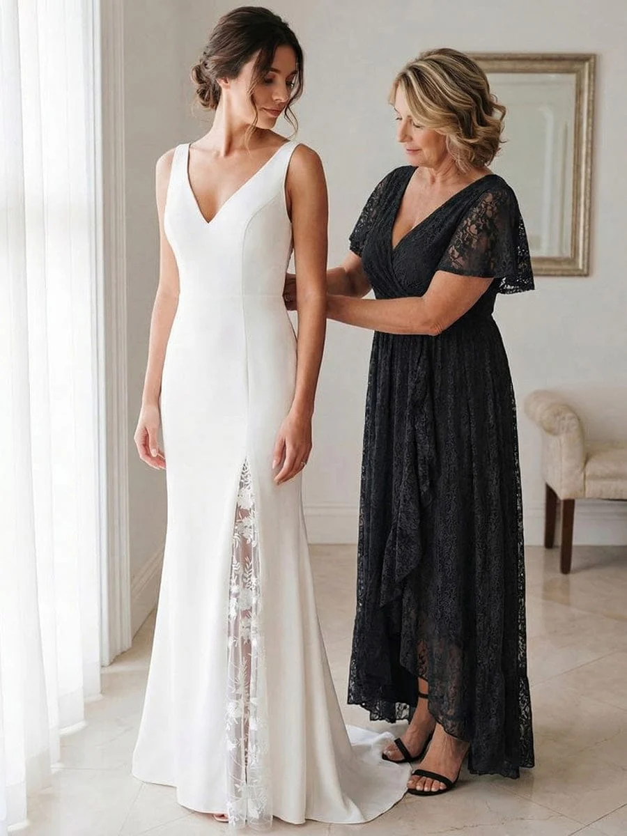 ever ELISE|V-Neck Short Sleeve Pleated Ruffled Lace Mother of the Bride Dress - Image 2