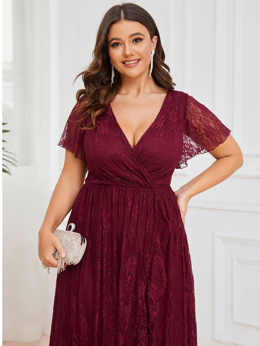 ever ELISE|V-Neck Short Sleeve Pleated Ruffled Lace Mother of the Bride Dress - Image 52