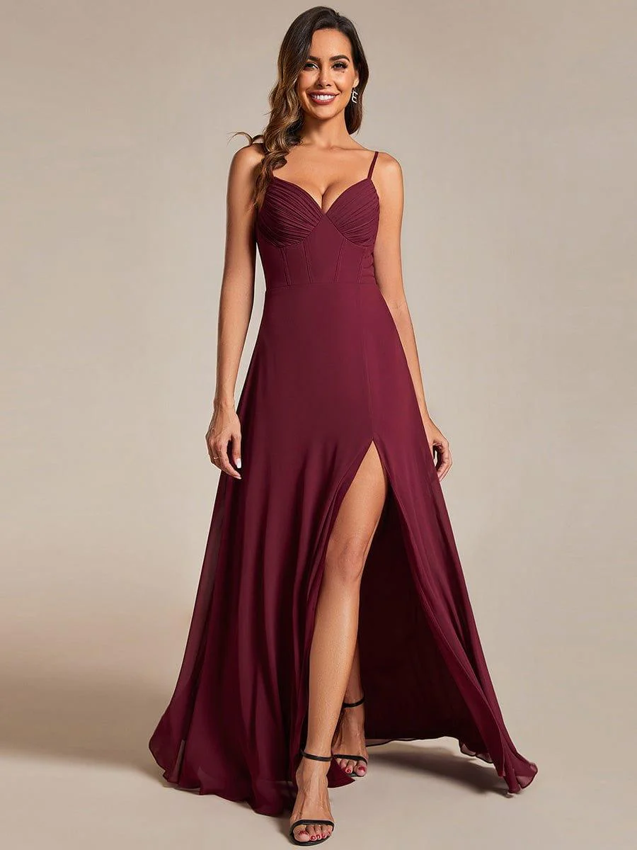 V-Neck Spaghetti Strap Chiffon Bridesmaid Dress with High Slit
