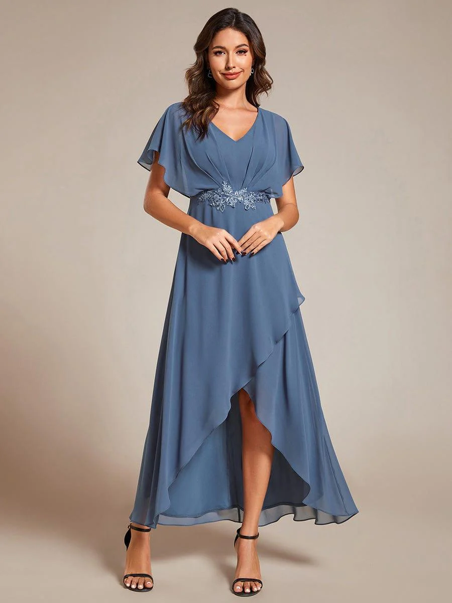 ever LILAS|Waist Applique A-Line Chiffon V-Neck Wedding Guest Dress - Image 42