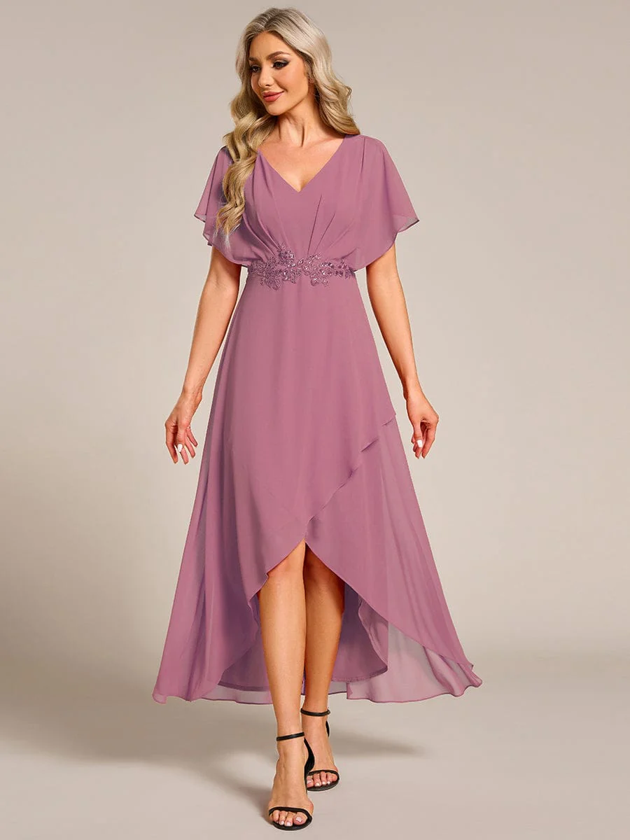 ever LILAS|Waist Applique A-Line Chiffon V-Neck Wedding Guest Dress - Image 53