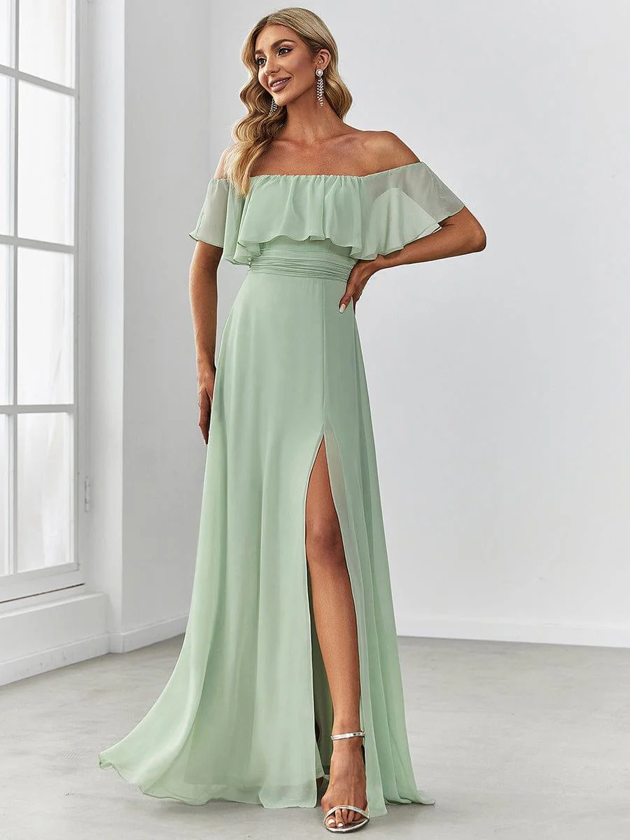 ever ¨¦MILE|Women's Off-The-Shoulder Ruffle Thigh Split Bridesmaid Dresses - Image 5