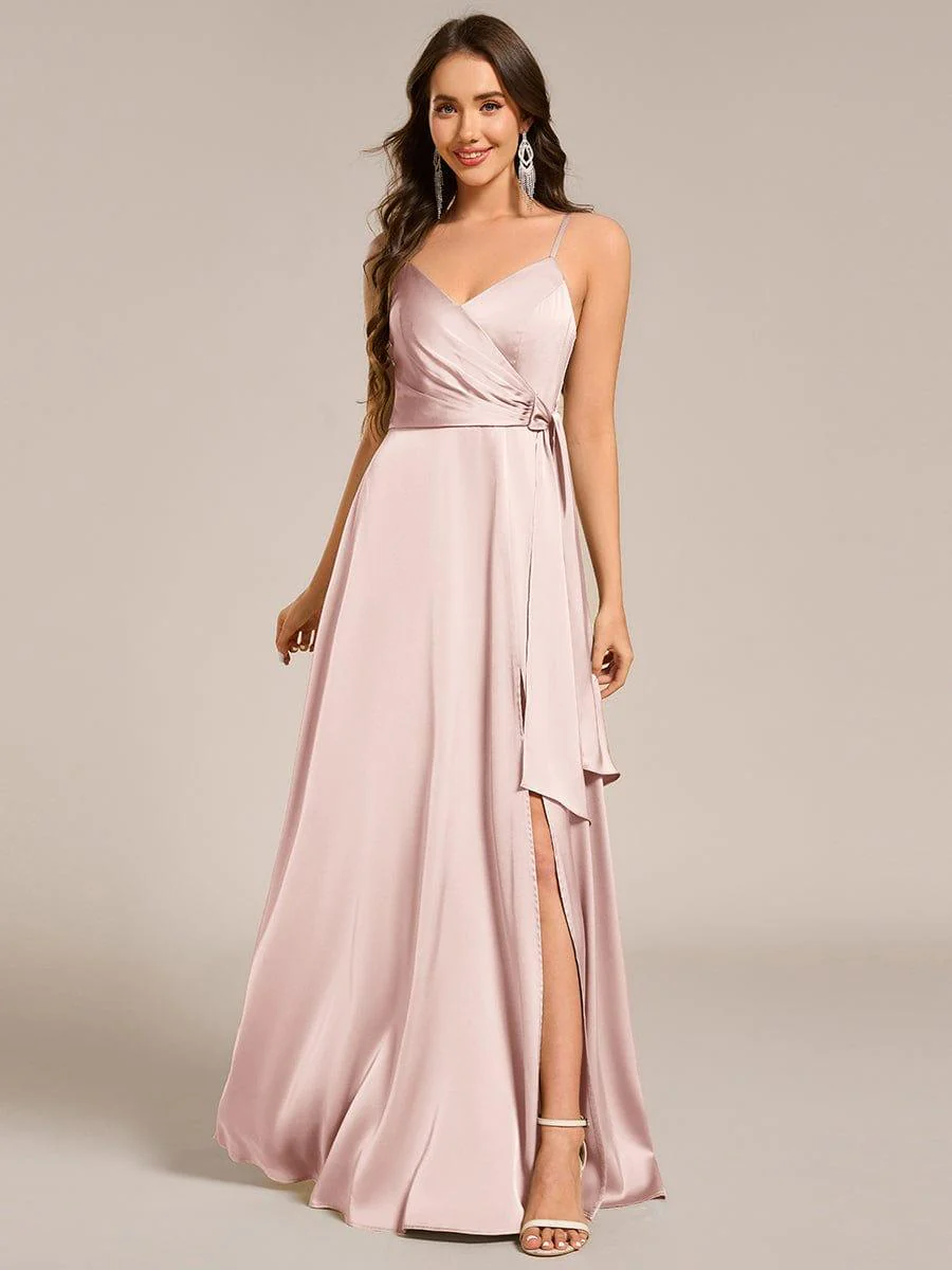 ever IYLA|Wrap-Style Maxi Spaghetti Strap Satin Bridesmaid Dress - Image 3