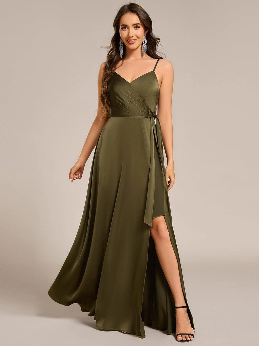 ever IYLA|Wrap-Style Maxi Spaghetti Strap Satin Bridesmaid Dress - Image 7